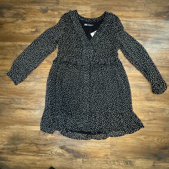 ZARA BLACK RUFFLED POLKA DOT PRINT DRESS WITH BUTTONS SIZE XS - Picture 1 of 15